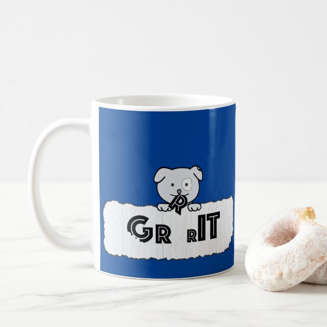 Puppy Grit Chewing the Letter R Coffee Mug (With Donut)