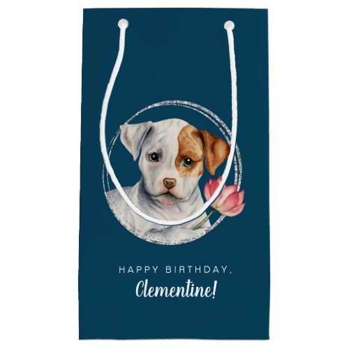 Puppy Holding Lotus Flower Birthday with Name Small Gift Bag