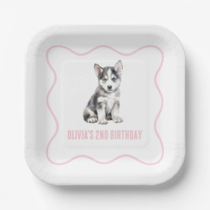 Puppy husky preppy pink plaid birthday paper plates