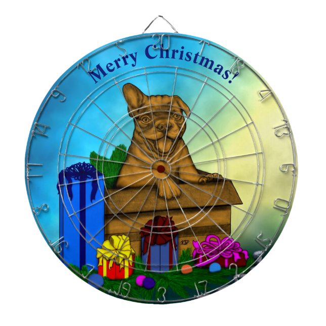 Puppy in A Box , Merry Xmas Dart Board (Front)