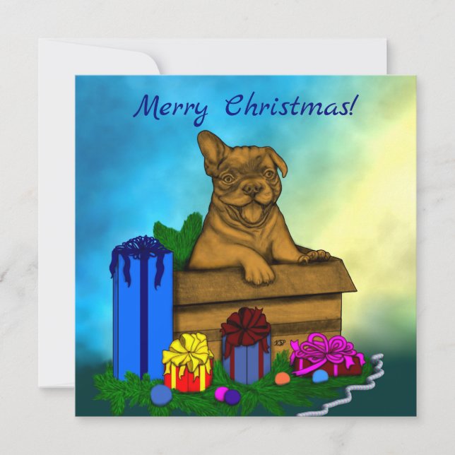 Puppy in A Box , Merry Xmas Holiday Card (Front)