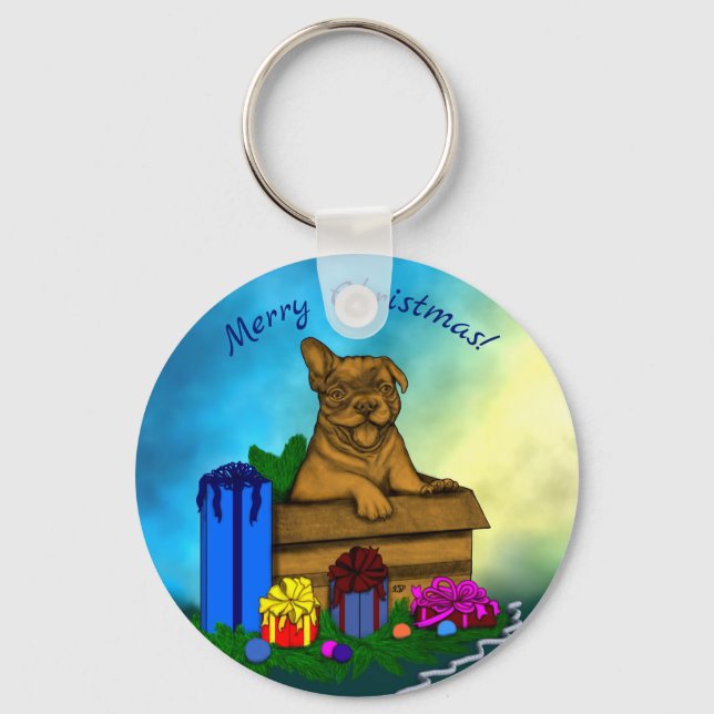 Puppy in A Box , Merry Xmas Keychain (Front)
