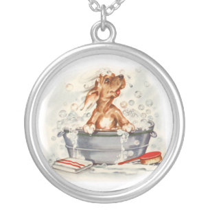 puppy in bath silver plated necklace