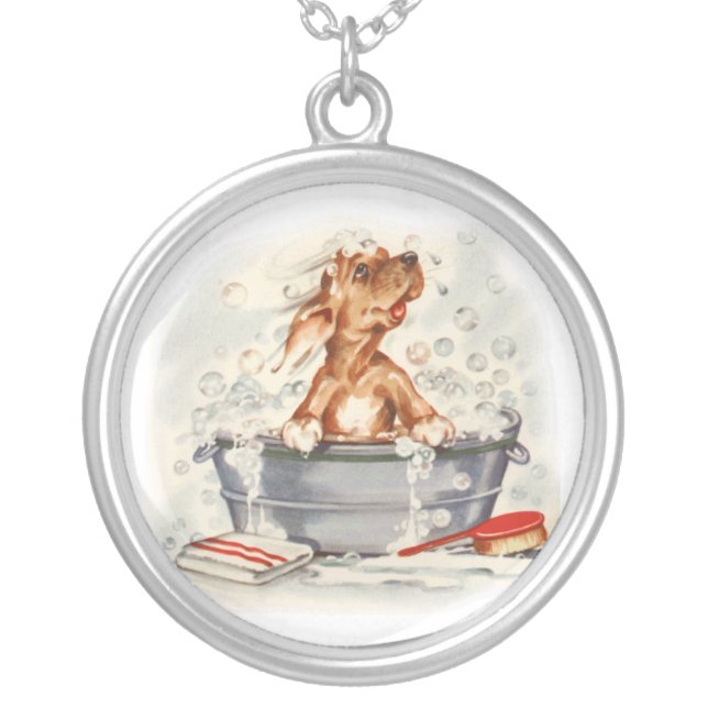 puppy in bath silver plated necklace (Front)