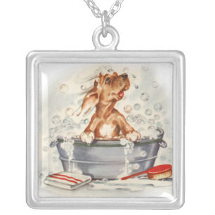 puppy in bath silver plated necklace