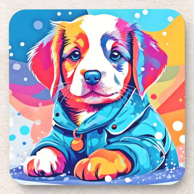 Puppy in Blue Coat Design Beverage Coaster (Front)