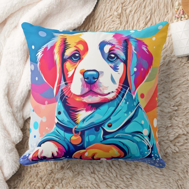 Puppy in Blue Coat Design Throw Pillow (Blanket)