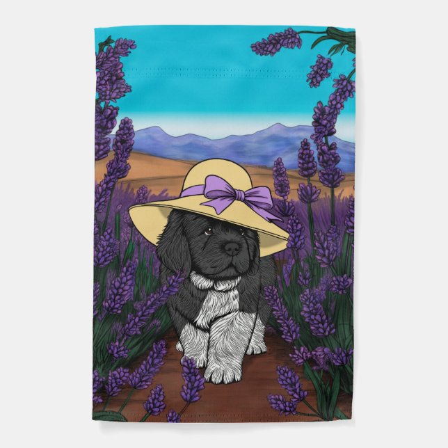 Puppy in fields of lavender  garden flag (Front)