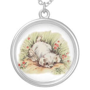 puppy in grass silver plated necklace