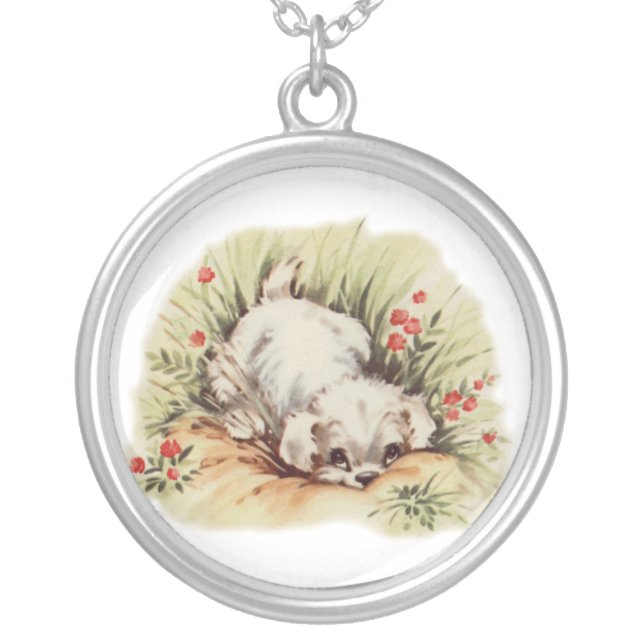 puppy in grass silver plated necklace (Front)