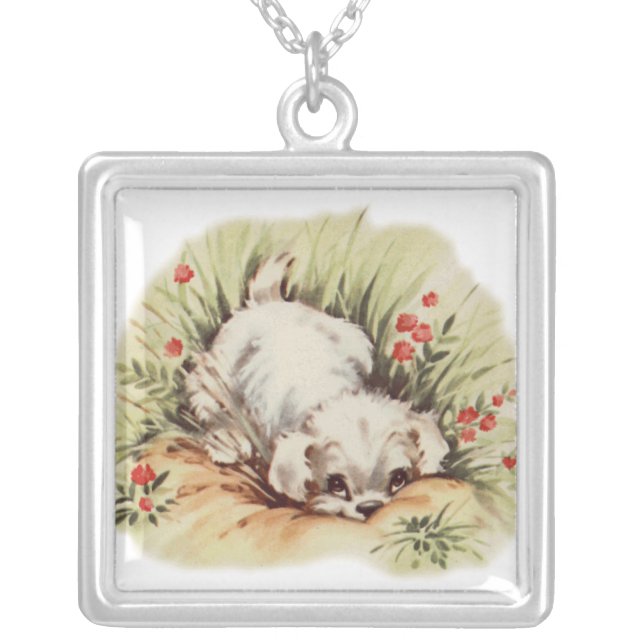 puppy in grass silver plated necklace (Front)