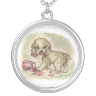 puppy in jar silver plated necklace