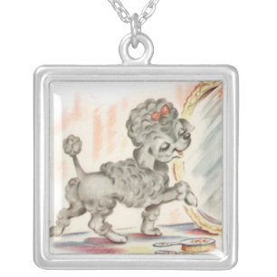 puppy in mirror silver plated necklace
