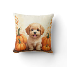 Puppy In Pumpkin Patch Decorative Pillow
