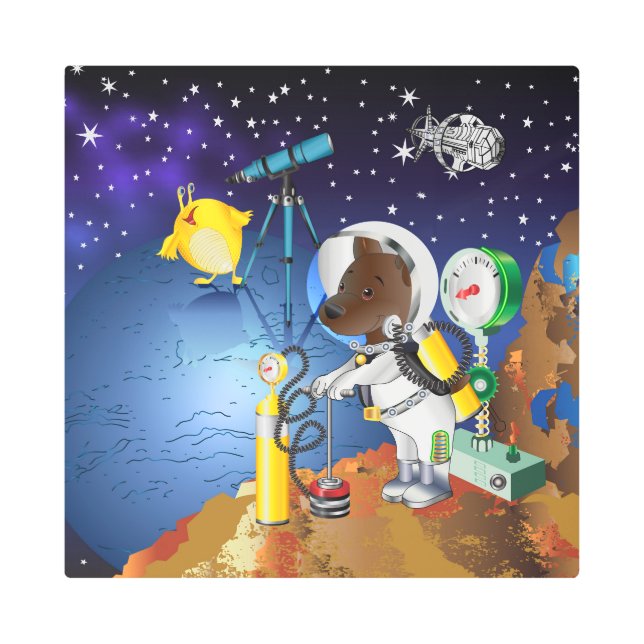 Puppy in space an alien with a telescope metal print (Front)
