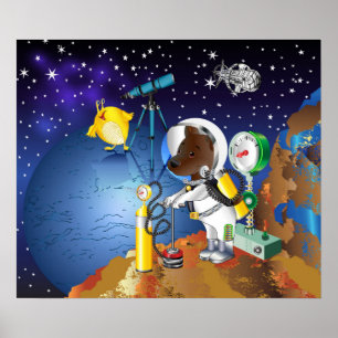 Puppy in space an alien with a telescope poster