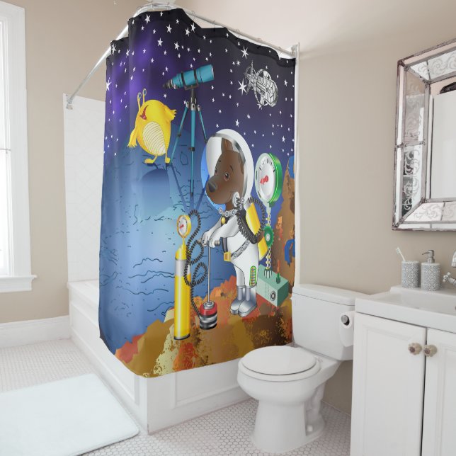 Puppy in space an alien with a telescope shower curtain (In Situ)