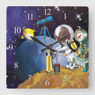 Puppy in space an alien with a telescope square wall clock
