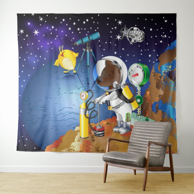 Puppy in space an alien with a telescope tapestry (In Situ (Horizontal))