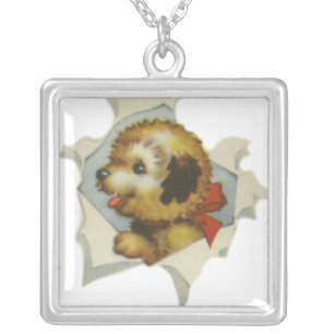puppy in torn paper silver plated necklace