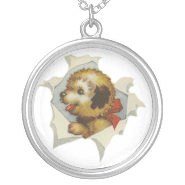 puppy in torn paper silver plated necklace (Front)