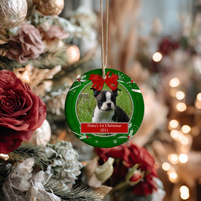 Puppy Kitten 1st Christmas Red Green Holly Berries Ceramic Ornament (Creator Uploaded)