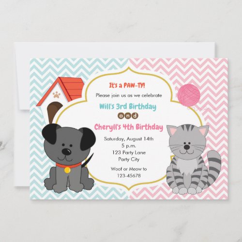 Puppy  Kitten Twins  Joint Birthday Invitations