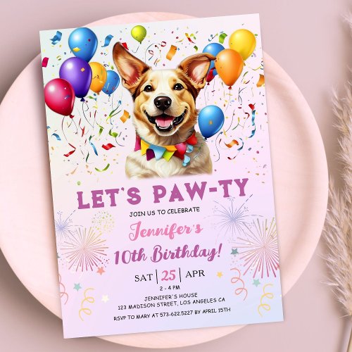 Puppy Lets Pawty Birthday Party Girl 10th Birthday Invitation