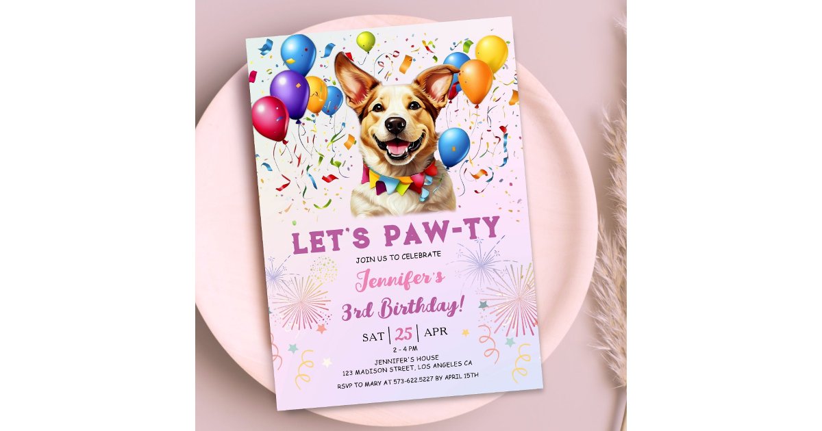Puppy Lets Pawty Birthday Party Girl 3rd Birthday Invitation | Zazzle