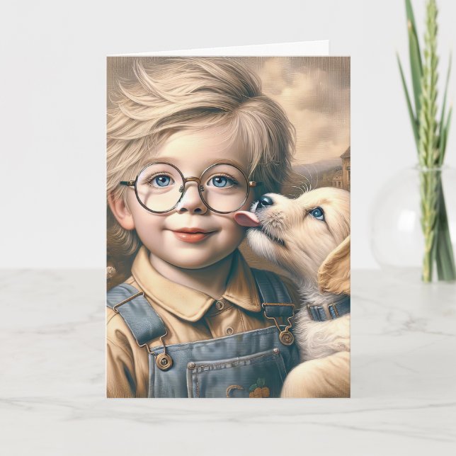 Puppy Licking Little Boy's Face Card (Front)