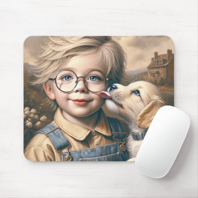 Puppy Licking Little Boy's Face Mouse Pad (With Mouse)