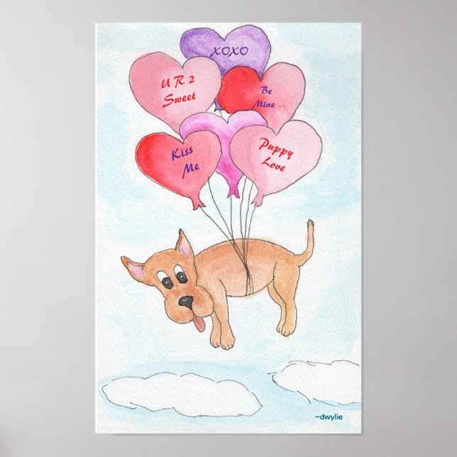 Puppy Love! Dog with Heart Balloons Poster (Front)