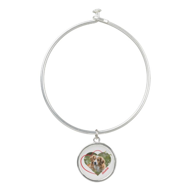 Puppy Love Heart  Bangle Bracelet With Round Charm (Front)