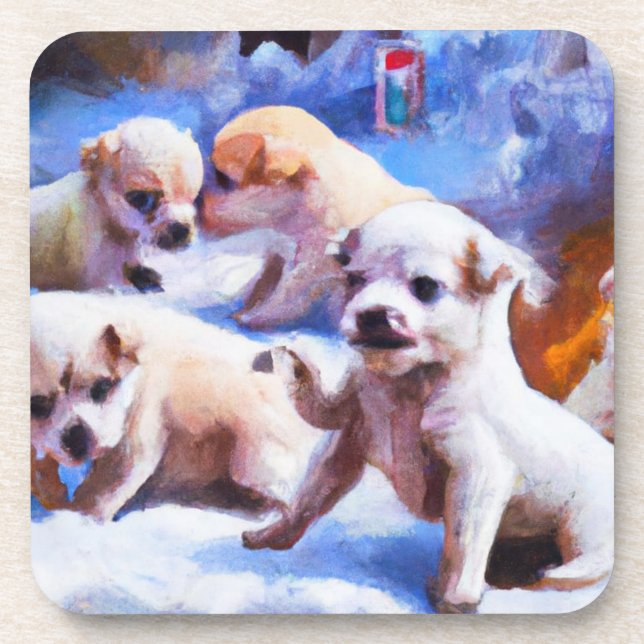 puppy love in snow cute pups christmas  beverage coaster (Front)