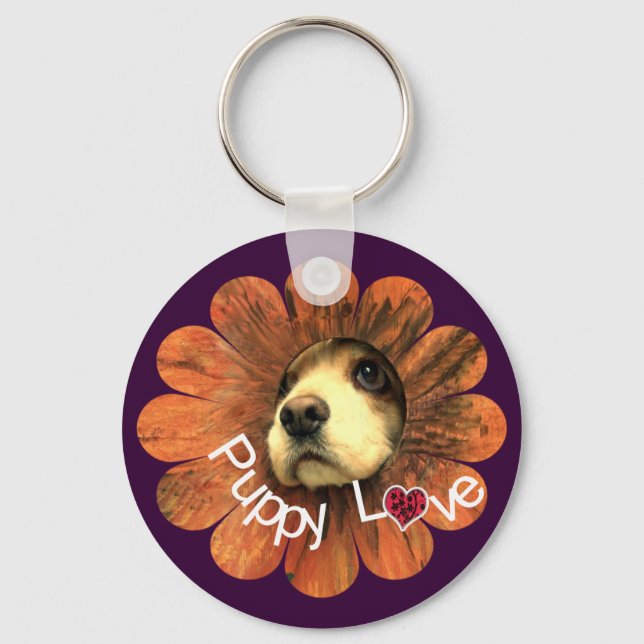 Puppy Love Peeking Out of a Flower Keychain (Front)