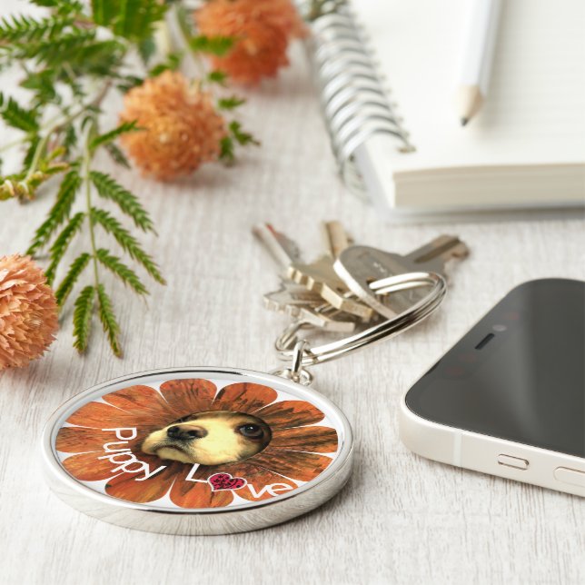Puppy Love Peeking Out of a Flower Keychain (Side)