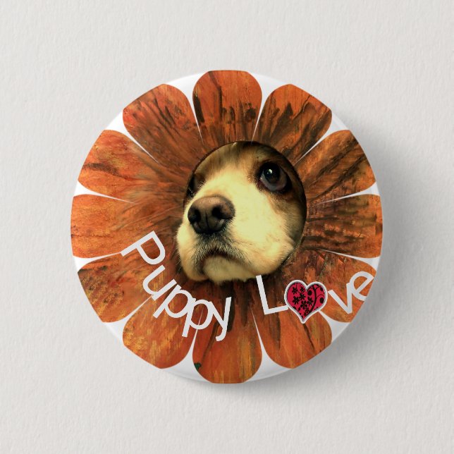 Puppy Love Peeking Out of a Flower Pinback Button (Front)