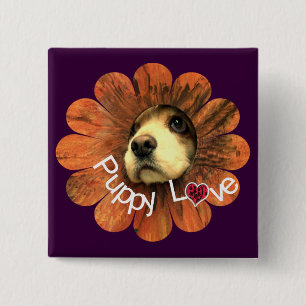 Puppy Love Peeking Out of a Flower Pinback Button