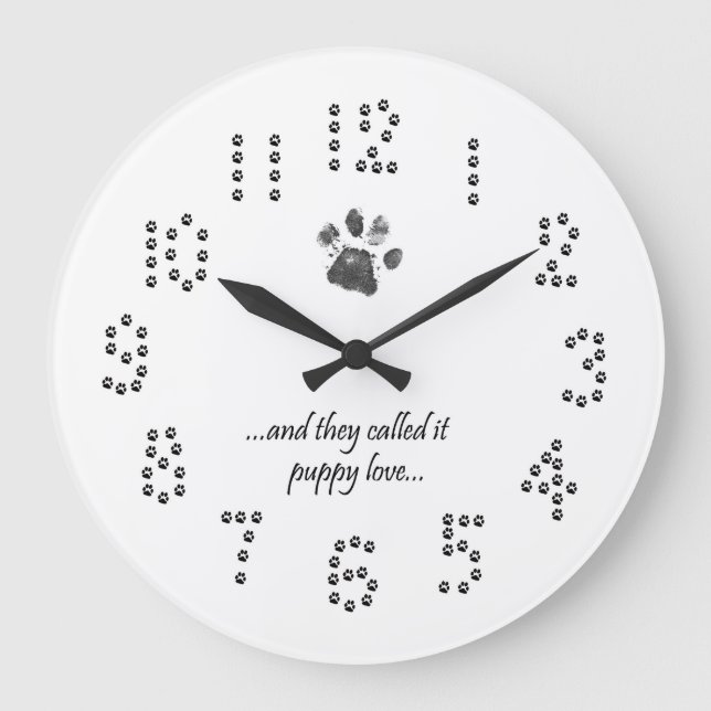 Puppy Love Quote Dog Paw Print Wall Clock (Front)