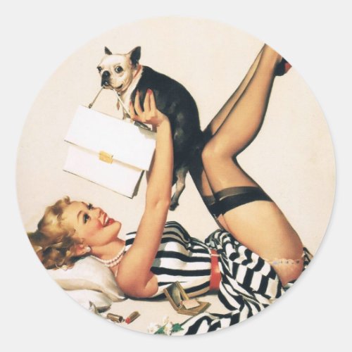 Puppy Lover Pin_up Girl _ Retro Pinup Art Classic Round Sticker