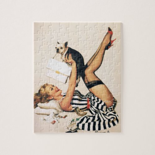 Puppy Lover Pin-up Girl - Retro Pinup Art Jigsaw Puzzle