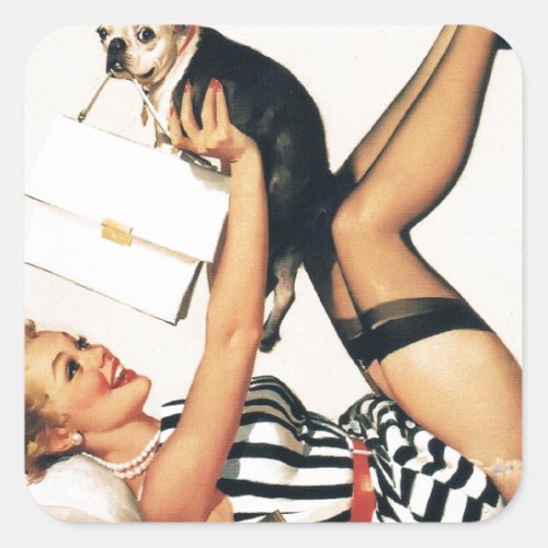 Puppy Lover Pin_up Girl _ Retro Pinup Art Square Sticker