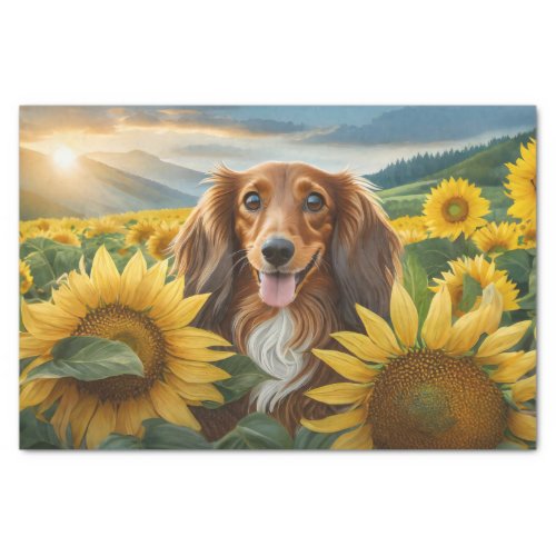 Puppy Loves Sunflowers Brown Long Haired Dachshund Tissue Paper