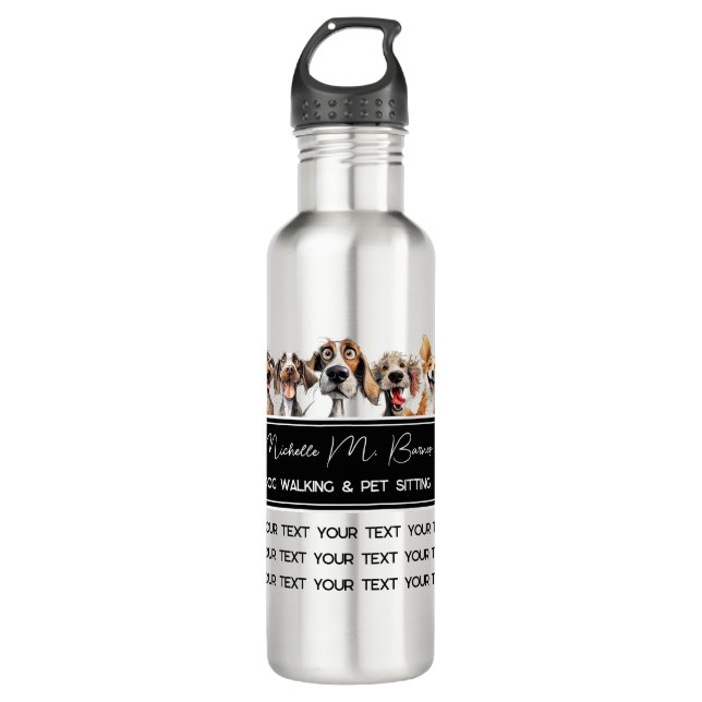  Puppy Modern Dog Walking Sitting Black White Stainless Steel Water Bottle (Front)