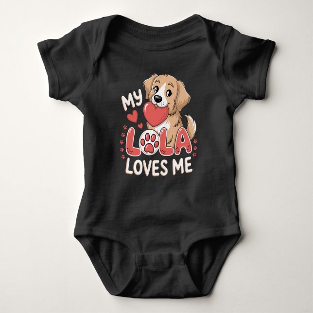  Puppy "My Lola Loves Me" Cute Dog Grandparent Baby Bodysuit (Front)