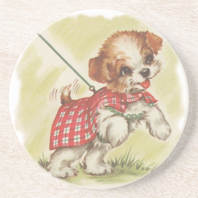 puppy on leash sandstone coaster (Front)