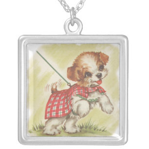 puppy on leash silver plated necklace