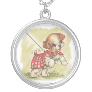 puppy on leash silver plated necklace