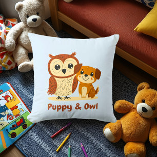 Puppy & Owl Cute Animal Friends Decor for Kids Throw Pillow