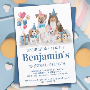 Puppy Party Dog Blue Boy Birthday Pawty Invitation
